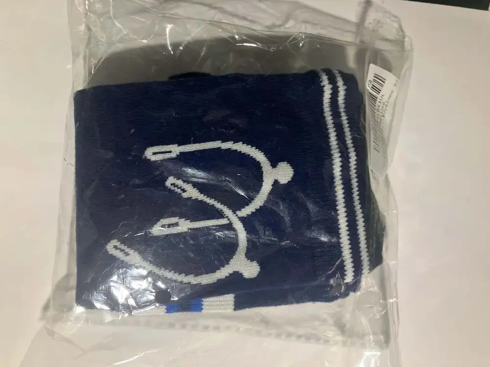 Navy Blue Knee High Socks With White Striped Top And Stethoscope Graphic